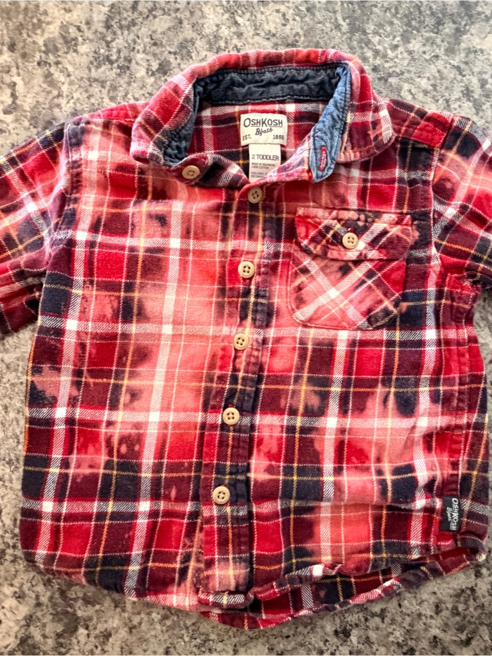 OshKosh B’gosh Toddler 2T Red Plaid Button Up Shirt Bleach Distressed